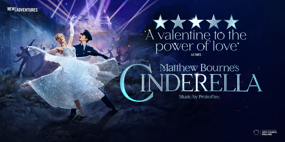 Matthew Bourne's Cinderella dancers in elegant costumes perform on stage, with soft lighting and a dramatic backdrop.