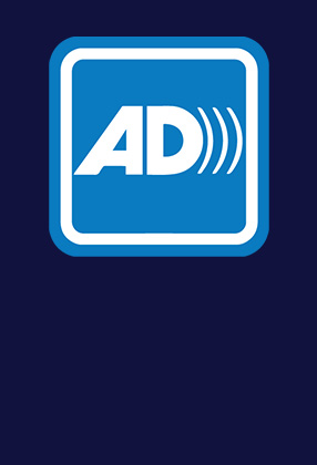 Blue square logo featuring the letters "AD" with sound waves, set against a dark background.