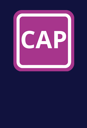 Purple square with white text "CAP" on a dark blue background.