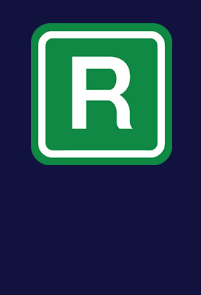 Green square sign with a white letter "R" on a dark blue background.