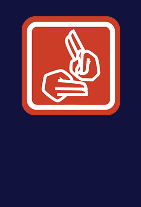A graphic showing two hands in a gesture, outlined in white on a red background.