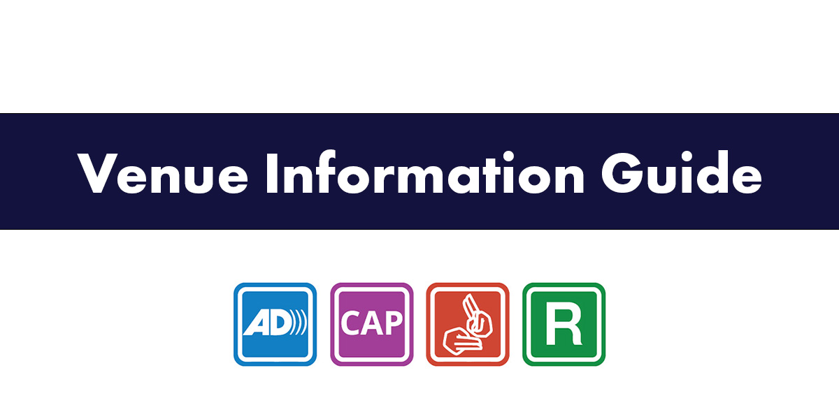 Venue Information Guide with icons for audio description, captioning, sign language, and relaxation. Background is dark blue.