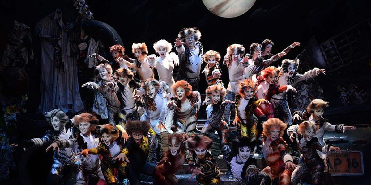 A scene from the musical "Cats" at the London Palladium, featuring performers in elaborate costumes.