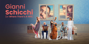 A dramatic scene from Gianni Schicchi, featuring characters in period costumes, with rich colours and ornate details.