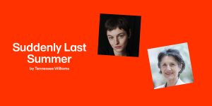 Two headshots on an orange background; one features a woman with short hair, the other an older woman.