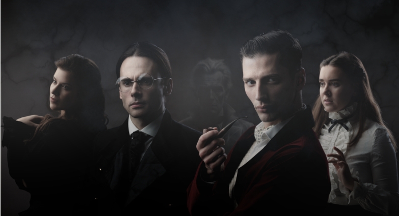 Four actors pose dramatically against a dark, smoky background, dressed in vintage attire, conveying suspense.