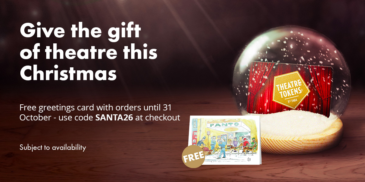 A festive display of Theatre Tokens with a Christmas theme, featuring red and green colours on a snowy background.